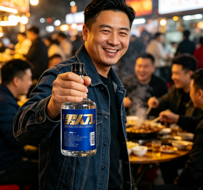 夜市大排档里手持男人刀酒，真实的饮用场景