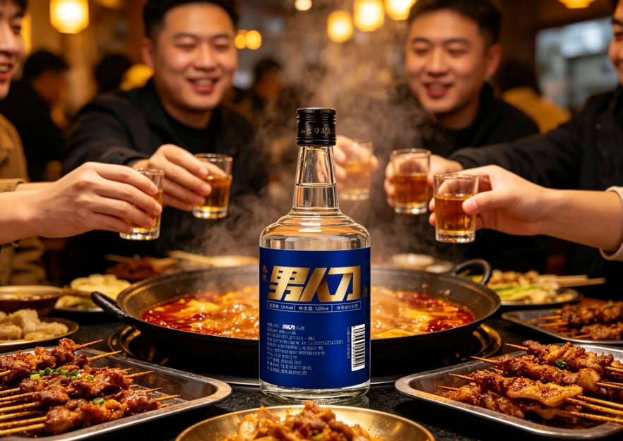 暖色聚餐场景中男人刀酒置于桌前，营造真实饮用氛围