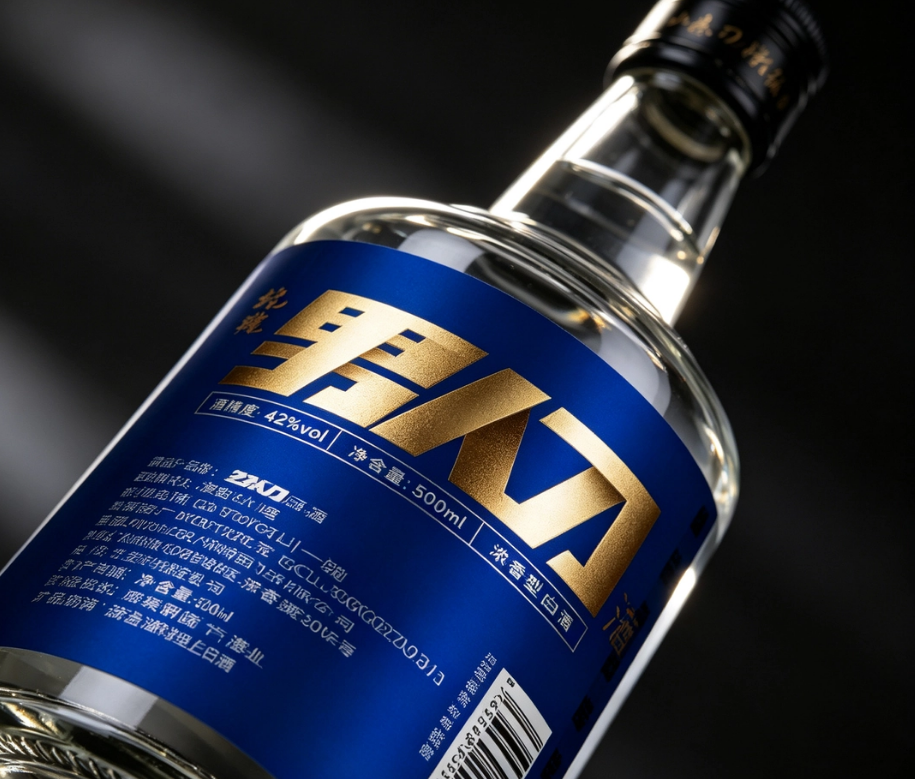 男人刀酒瓶身烫金特写，品牌符号与信息层级