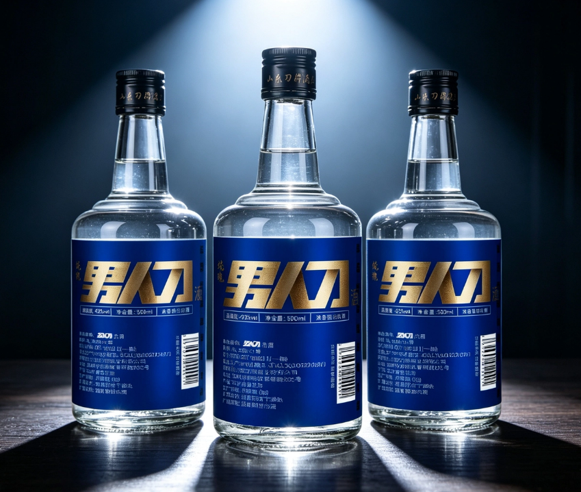 三瓶男人刀酒三角陈列，聚光下呈现品牌阵列感