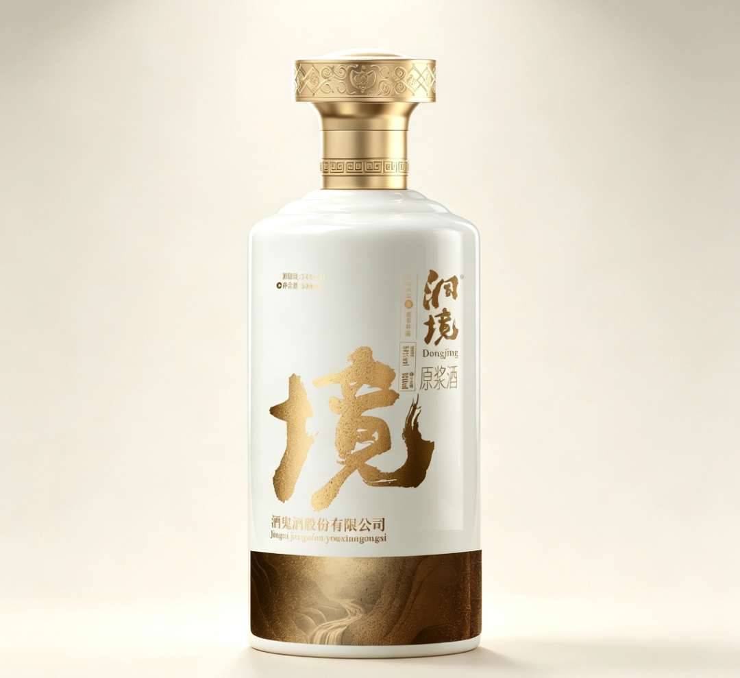 洞境原浆酒纯白背景正面视觉，白瓷瓶身与金盖的完整呈现
