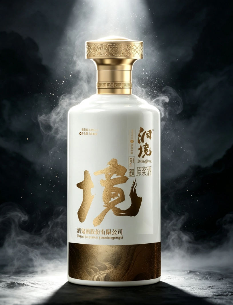 洞境原浆酒置于烟雾缭绕的暗调场景，神秘庄重的东方意境