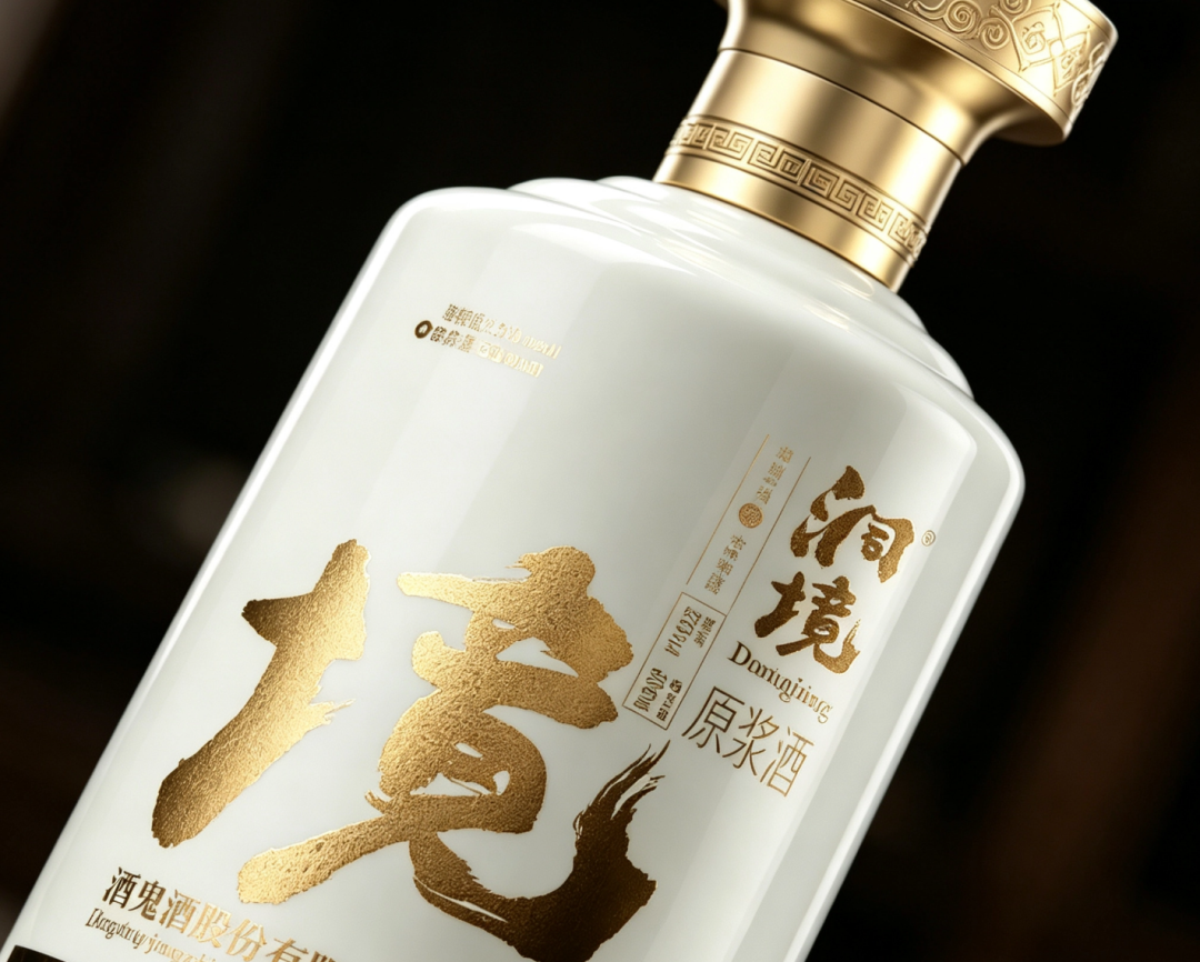 洞境原浆酒瓶肩特写，金色