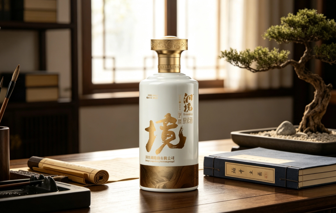 洞境原浆酒中式书桌场景，毛笔卷轴、盆景与线装书构成文人生活语境