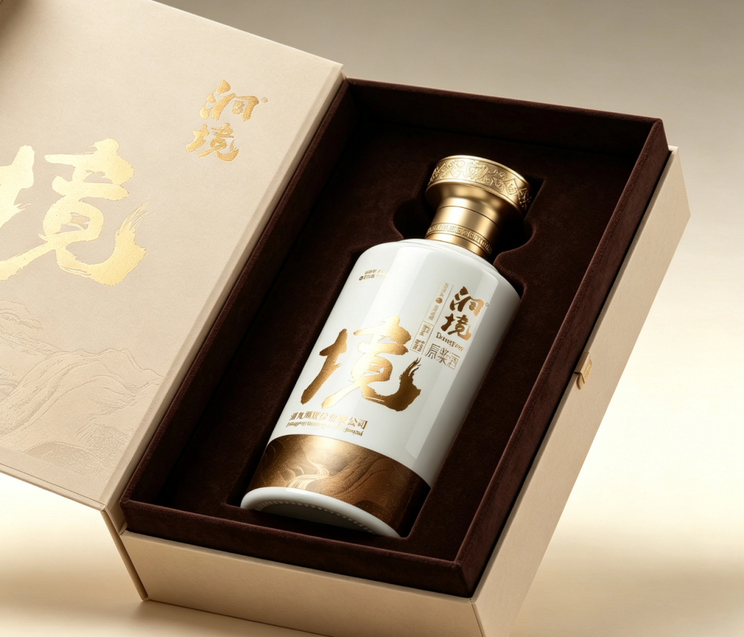 洞境原浆酒米色礼盒开合展示，绒布内托与定制凹槽、盒盖烫金