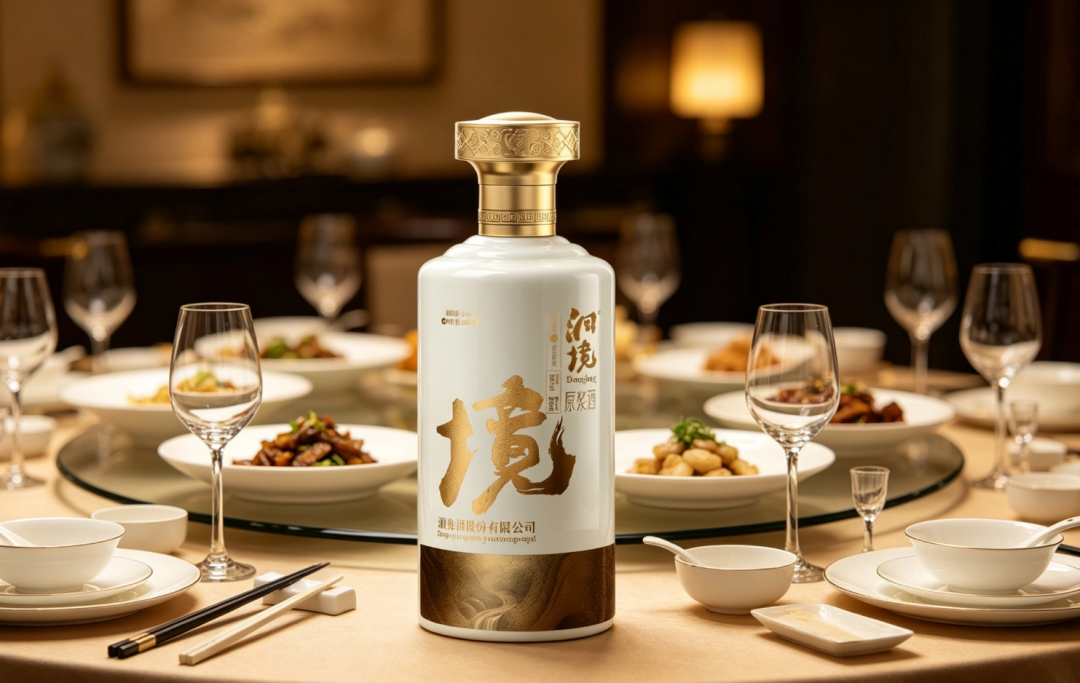 洞境原浆酒宴席圆桌场景，菜肴与杯盏间的社交饮用氛围